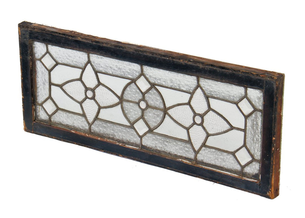 c. 1890's original and intact antique american victorian era leaded glass beveled and jeweled residential transom window with original wood sash frame