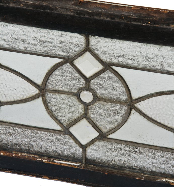 c. 1890's original and intact antique american victorian era leaded glass beveled and jeweled residential transom window with original wood sash frame