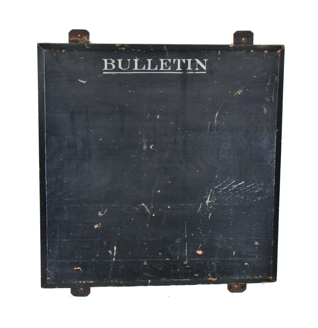 rare late 19th or early 20th century american industrial hand-crafted interior factory office or lunchroom "bulletin" painted wood signboard with cast iron brackets