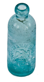 intact and original late nineteenth century privy-dug deep blue aqua hutchinson style bottle manufactured for the hofmann brothers in chicago.