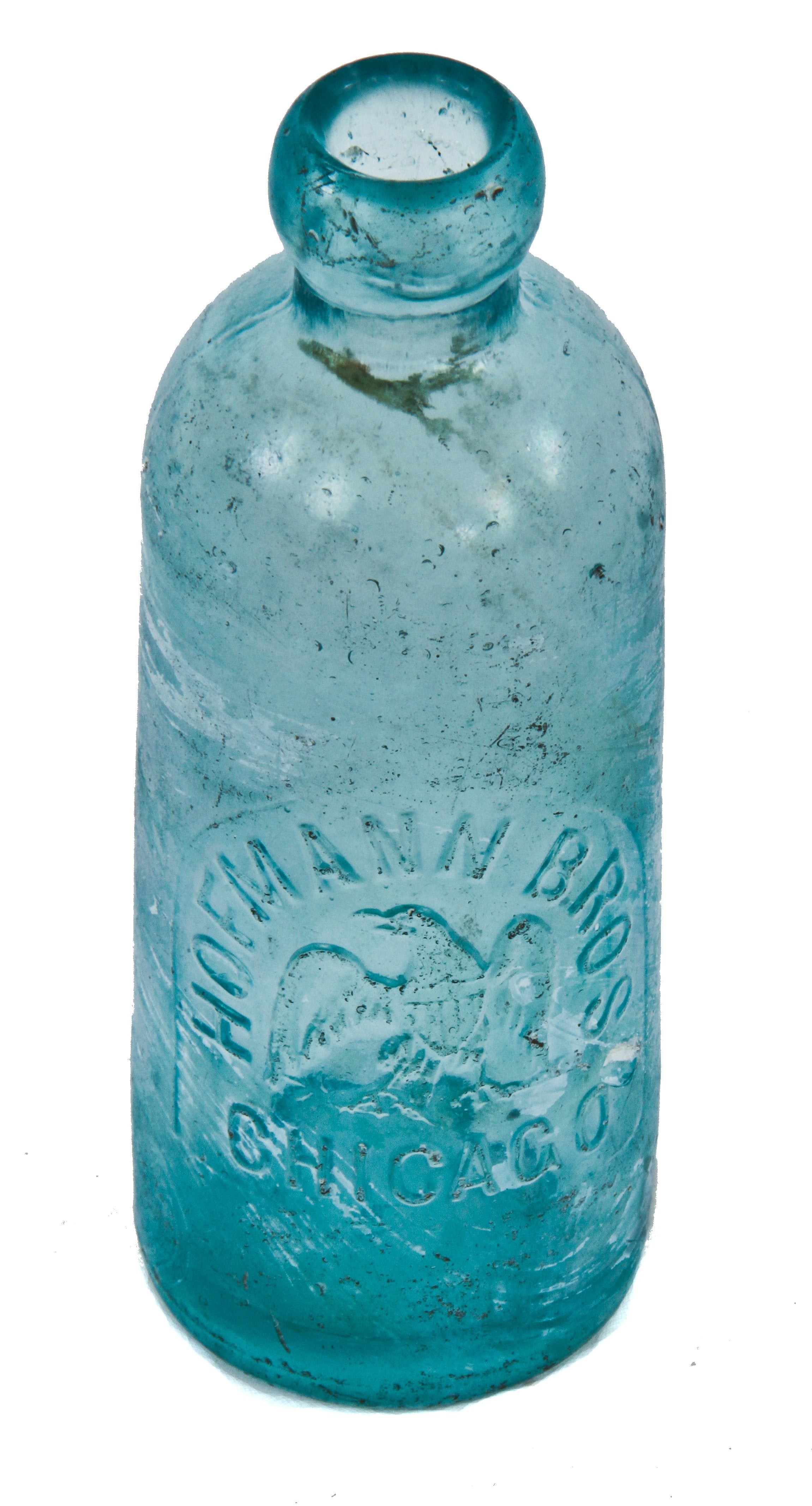 intact and original late nineteenth century privy-dug deep blue aqua hutchinson style bottle manufactured for the hofmann brothers in chicago.