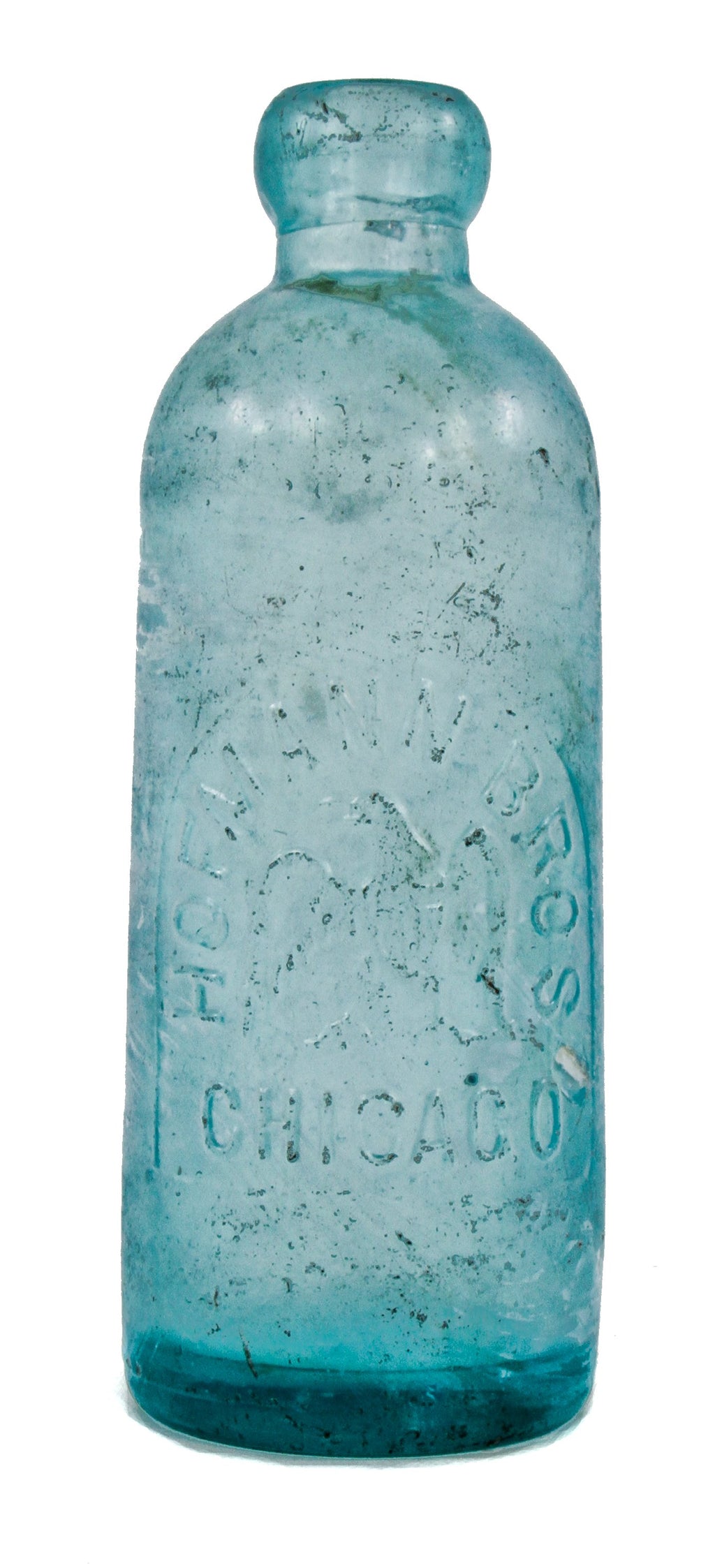 intact and original late nineteenth century privy-dug deep blue aqua hutchinson style bottle manufactured for the hofmann brothers in chicago.
