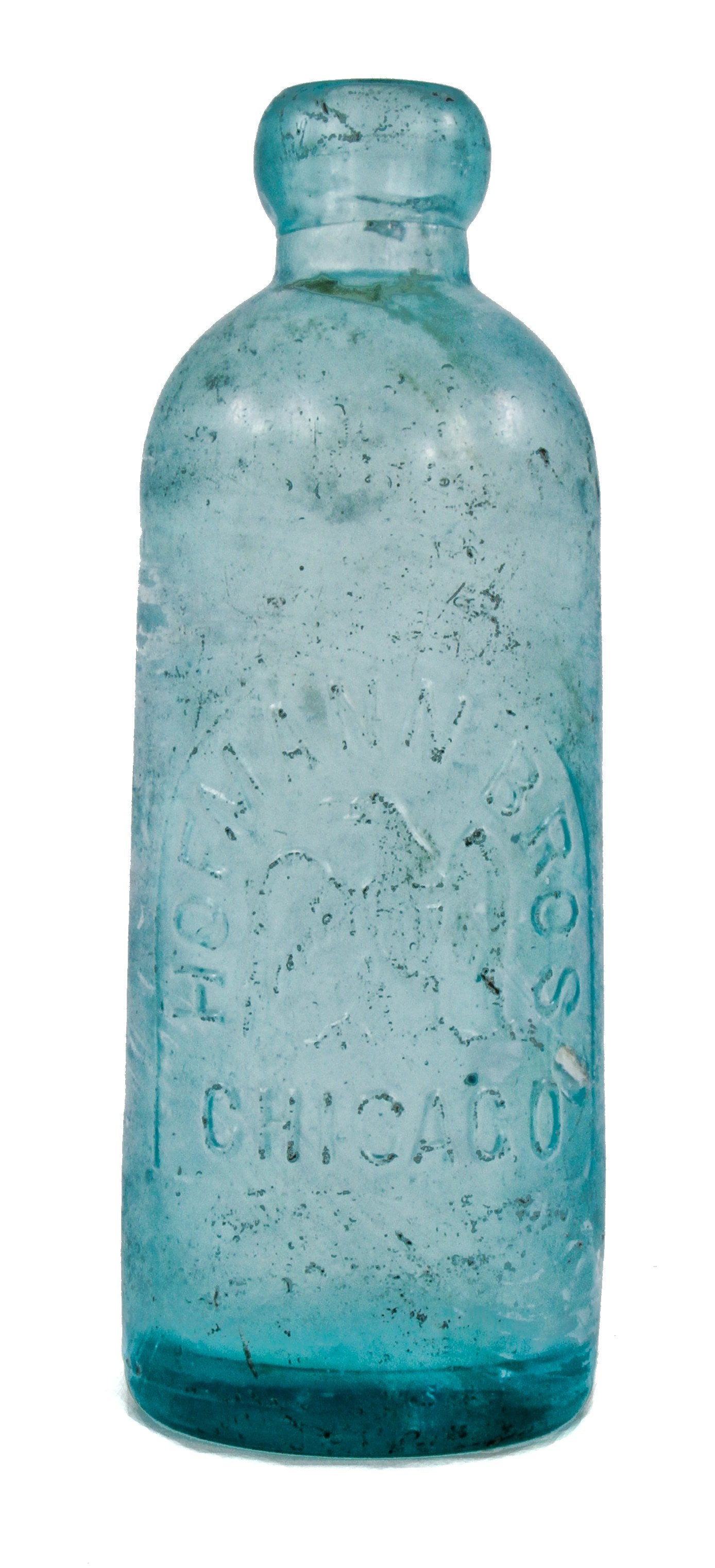 intact and original late nineteenth century privy-dug deep blue aqua hutchinson style bottle manufactured for the hofmann brothers in chicago.