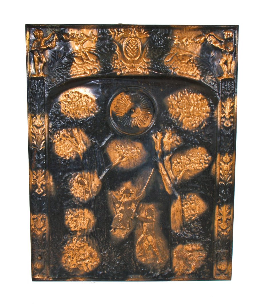 original and remarkably well-maintained early 20th century antique american salvaged chicago victorian era interior residential oxidized copper plated stamped ornamental steel fireplace summer cover with stovepipe opening