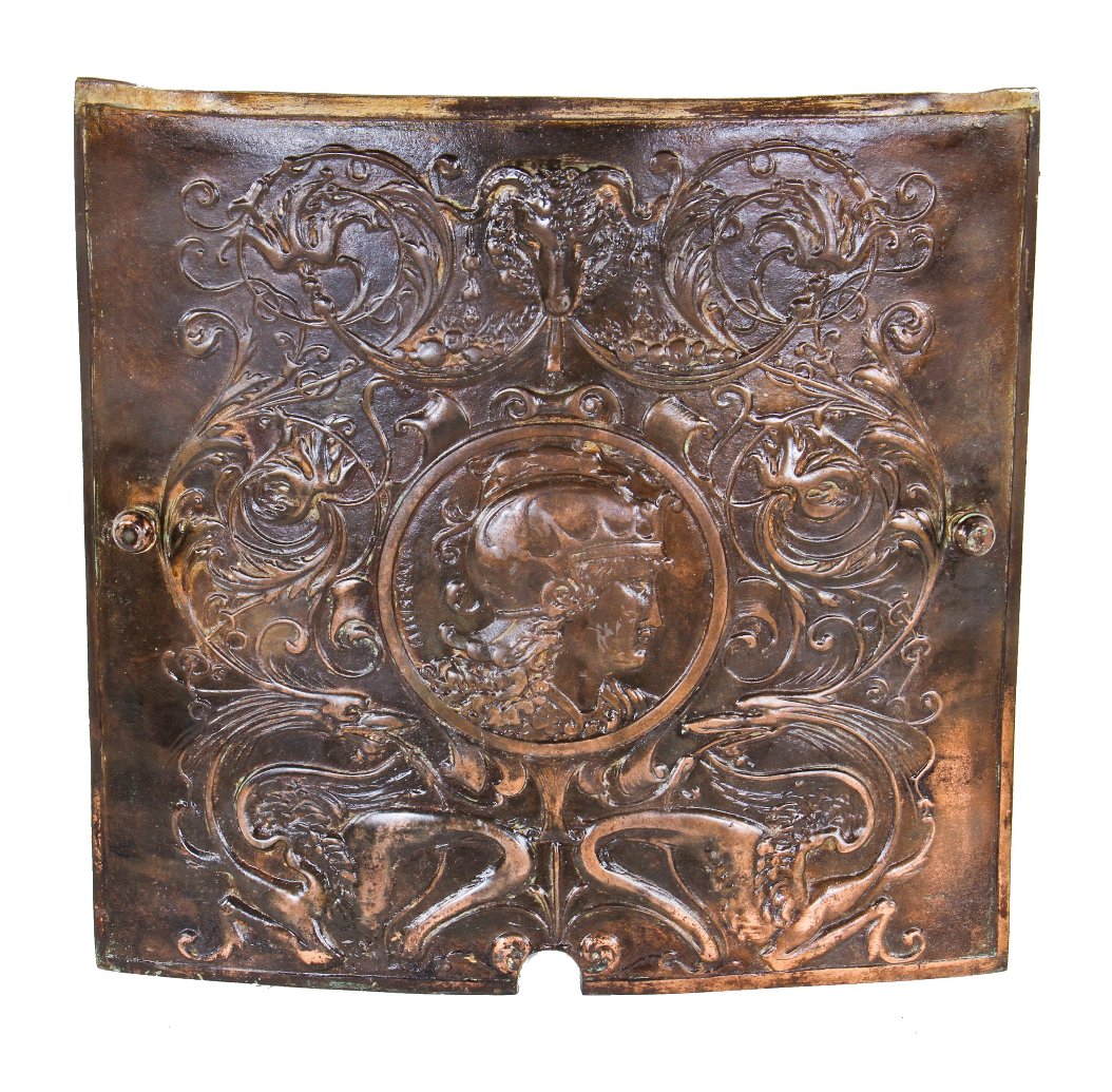 hard to find and highly desirable original and intact ornamental cast iron copper-plated "minerva" interior residential fireplace summer cover for coal or wood burning grate or insert