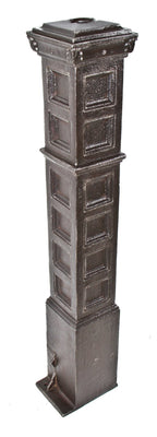unusually large late 19th or early 20th century box-shaped cast ornamental iron commercial building freestanding newel post with several recessed panels