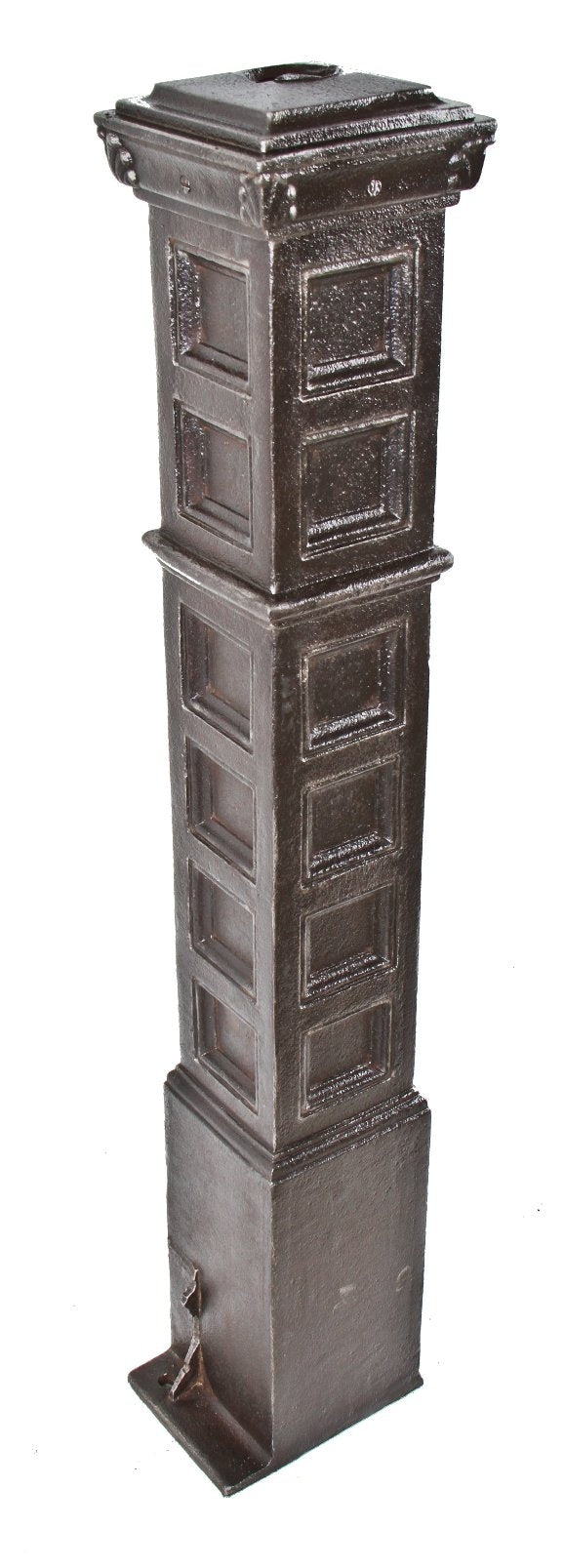 unusually large late 19th or early 20th century box-shaped cast ornamental iron commercial building freestanding newel post with several recessed panels