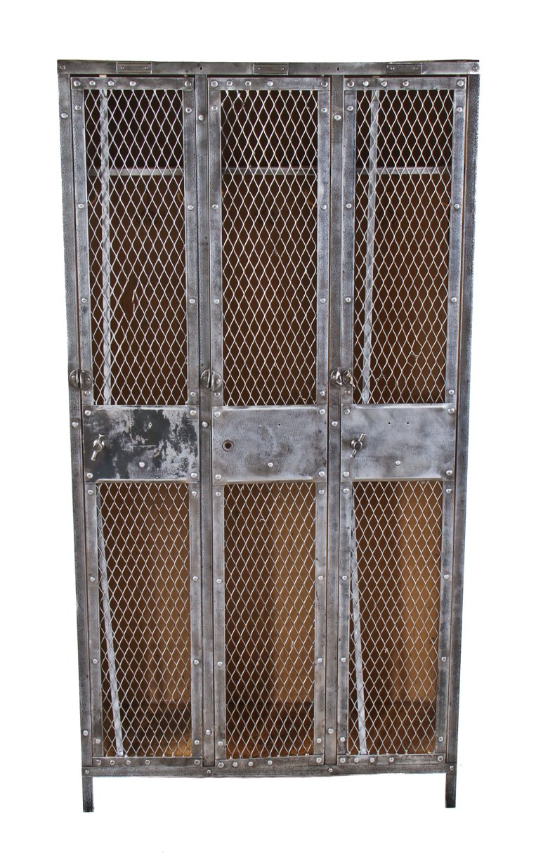 c. early 20th cent freestanding 3-unit antique american industrial cold-rolled riveted joint sheet iron factory locker with desirable brushed metal finish