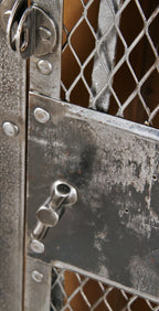 c. early 20th cent freestanding 3-unit antique american industrial cold-rolled riveted joint sheet iron factory locker with desirable brushed metal finish