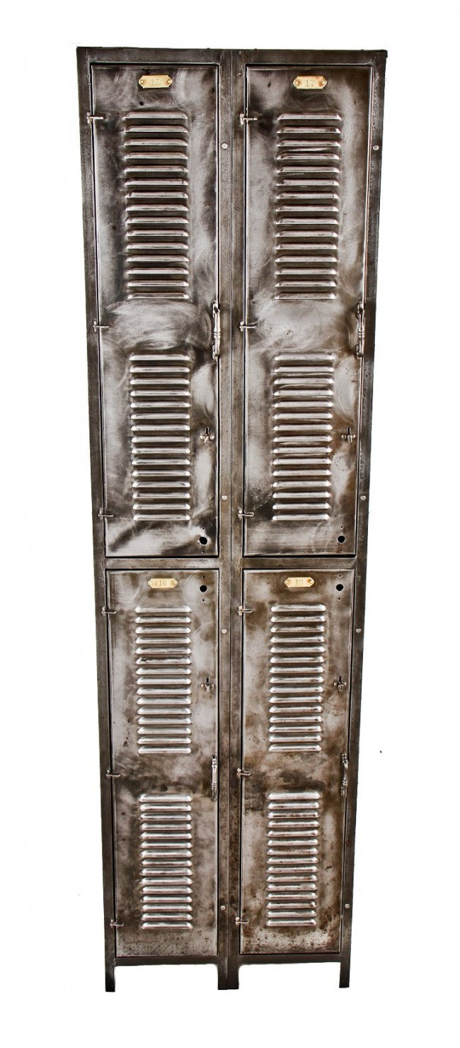 intact c. early 20th century antique american four-unit  industrial brushed cold-rolled sheet iron locker