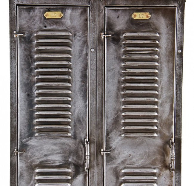 intact c. early 20th century antique american four-unit  industrial brushed cold-rolled sheet iron locker