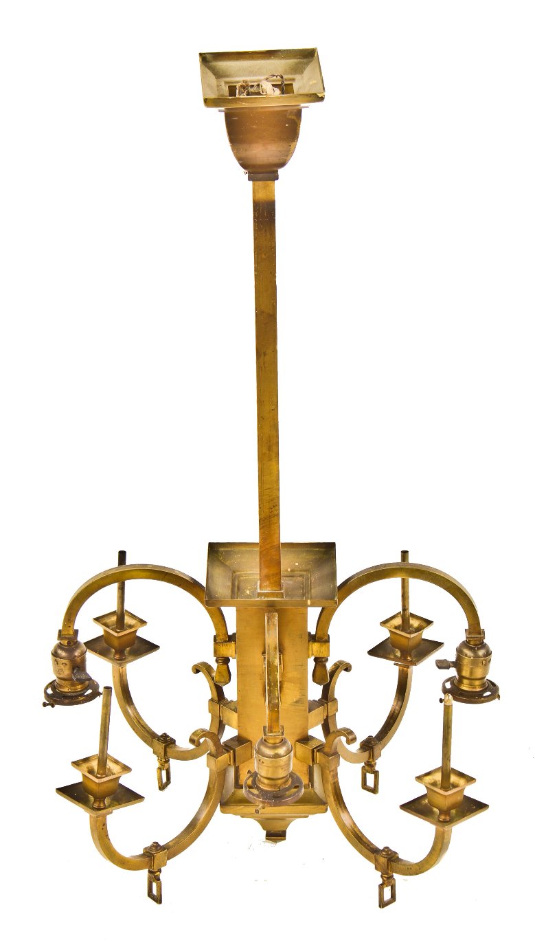 early 20th century one of three matching mission or craftsman style nicely aged brass combination gas and electric masonic lodge ceiling fixturre