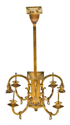 early 20th century one of three matching mission or craftsman style nicely aged brass combination gas and electric masonic lodge ceiling fixturre
