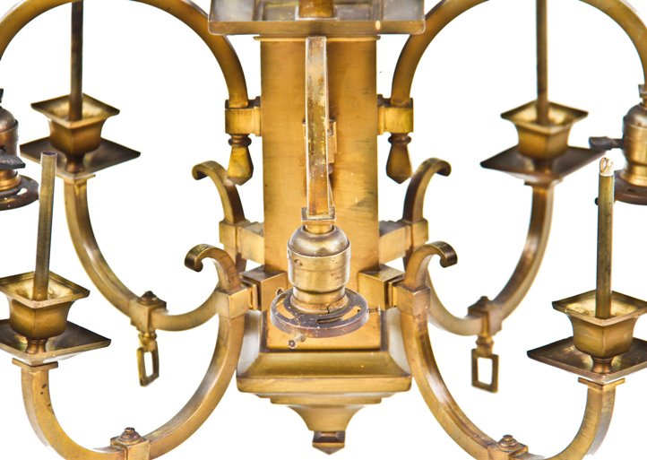 early 20th century one of three matching mission or craftsman style nicely aged brass combination gas and electric masonic lodge ceiling fixturre