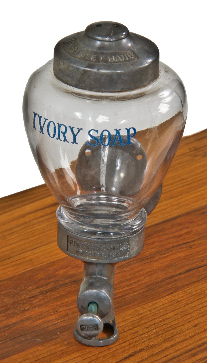 patented c. 1920's original and intact wall-mount "ivory soap" glass and chrome lavatory soap dispenser with intact threaded cap and retractable plunger