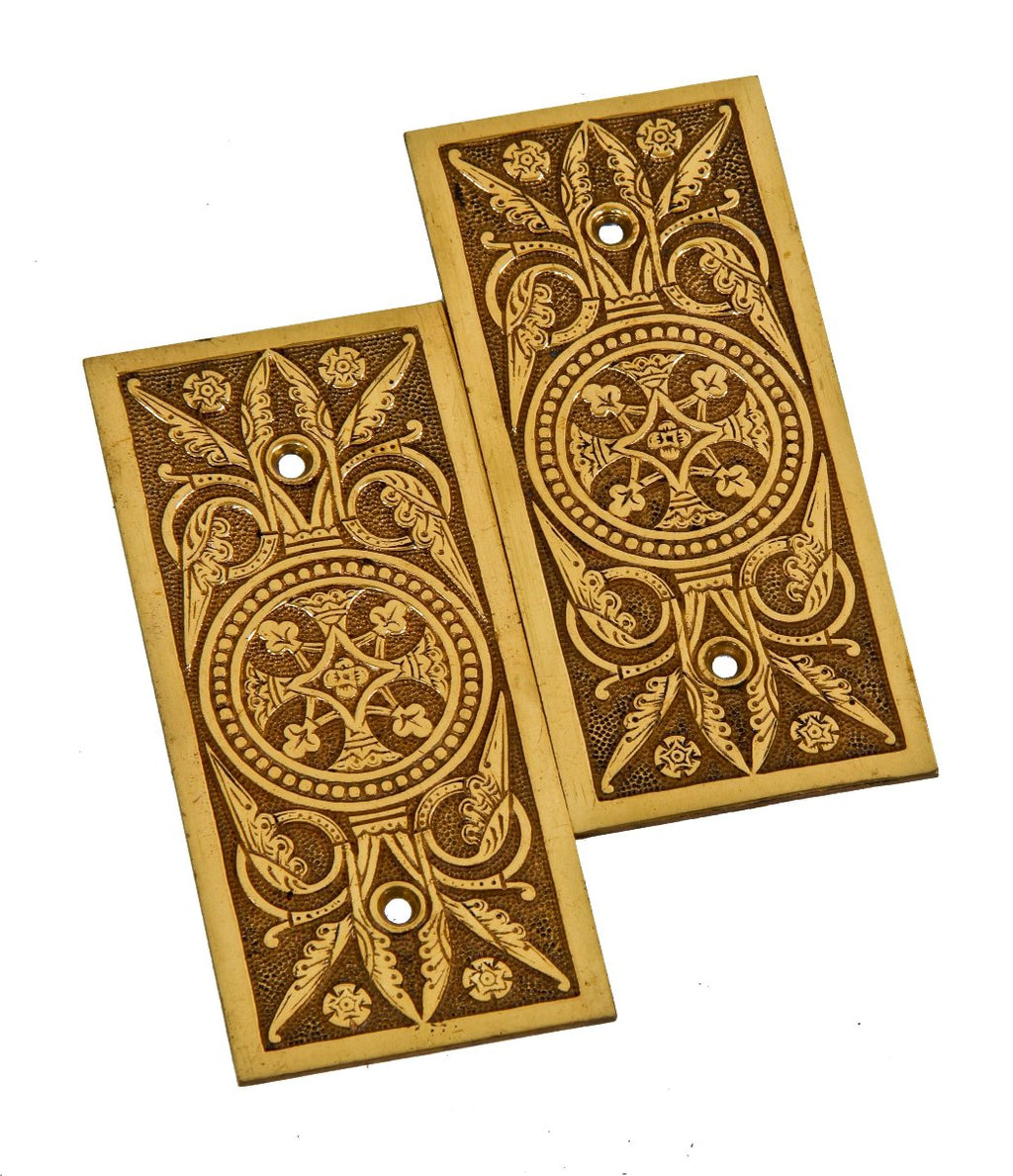 matching set of original 19th century refinished ornamental cast bronze interior residential passage door hinge leaf cover plates with original screws