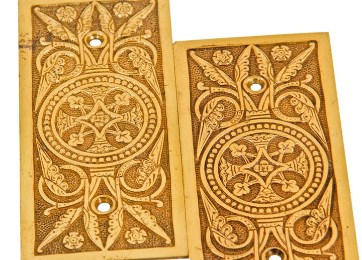 matching set of original 19th century refinished ornamental cast bronze interior residential passage door hinge leaf cover plates with original screws