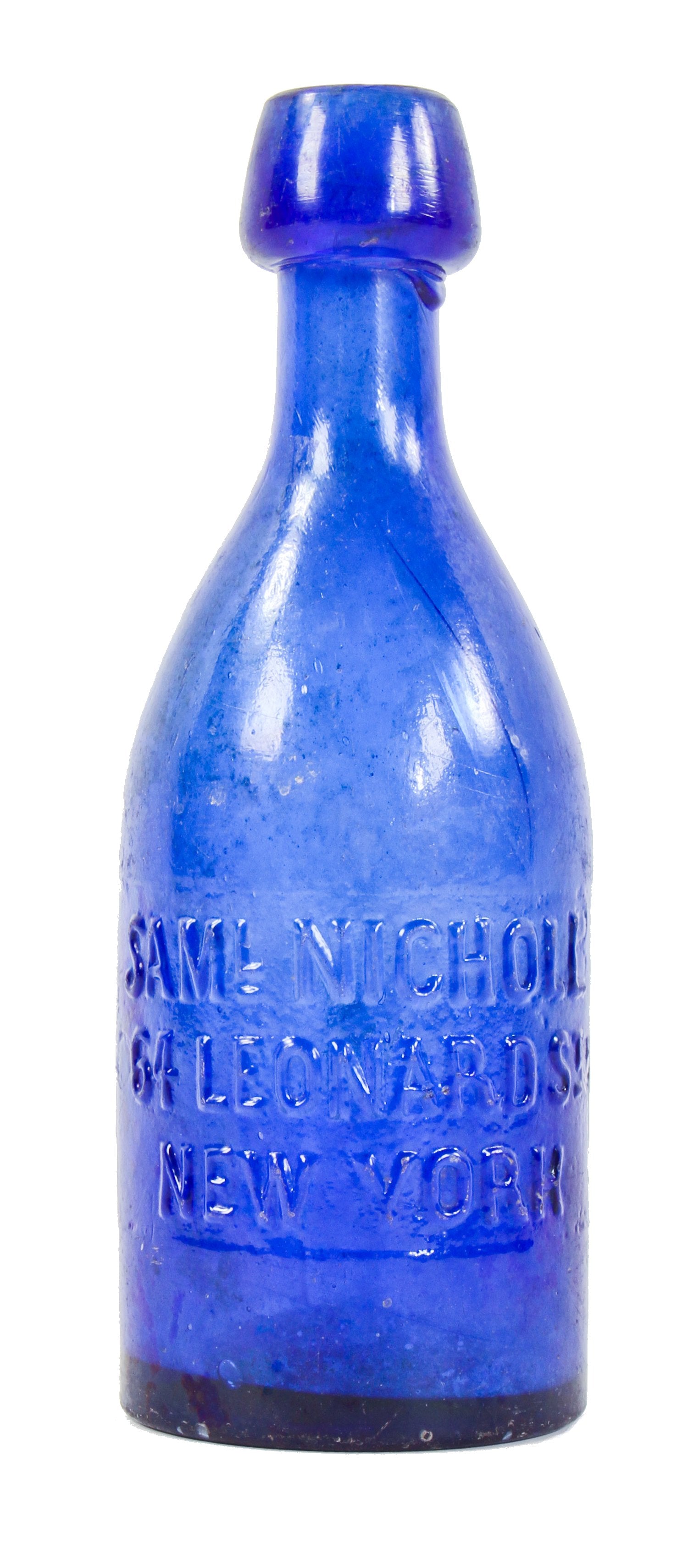brooklyn privy dug original mid-nineteenth century vibrant electric blue soda bottle manufactured for new york bottler samuel nicholl