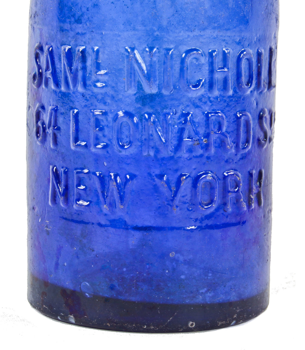 brooklyn privy dug original mid-nineteenth century vibrant electric blue soda bottle manufactured for new york bottler samuel nicholl