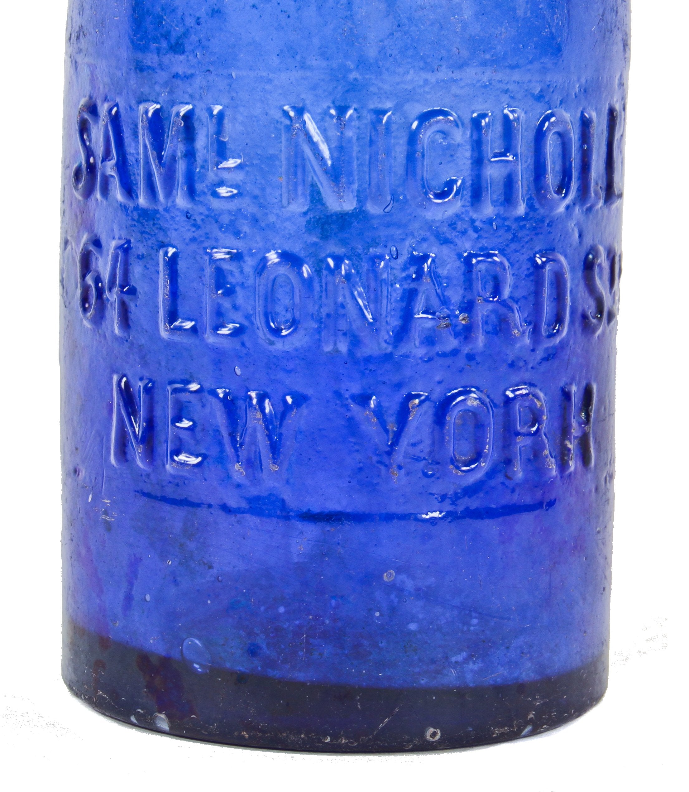 brooklyn privy dug original mid-nineteenth century vibrant electric blue soda bottle manufactured for new york bottler samuel nicholl
