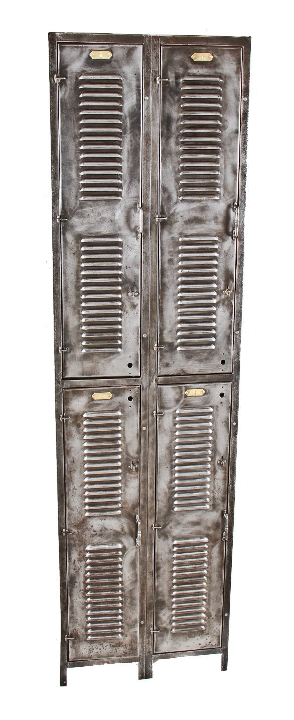 well-constructed original early 20th century american antique industrial brushed and sanded wrought sheet iron four-unit locket with louvered doors
