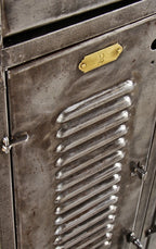 well-constructed original early 20th century american antique industrial brushed and sanded wrought sheet iron four-unit locket with louvered doors