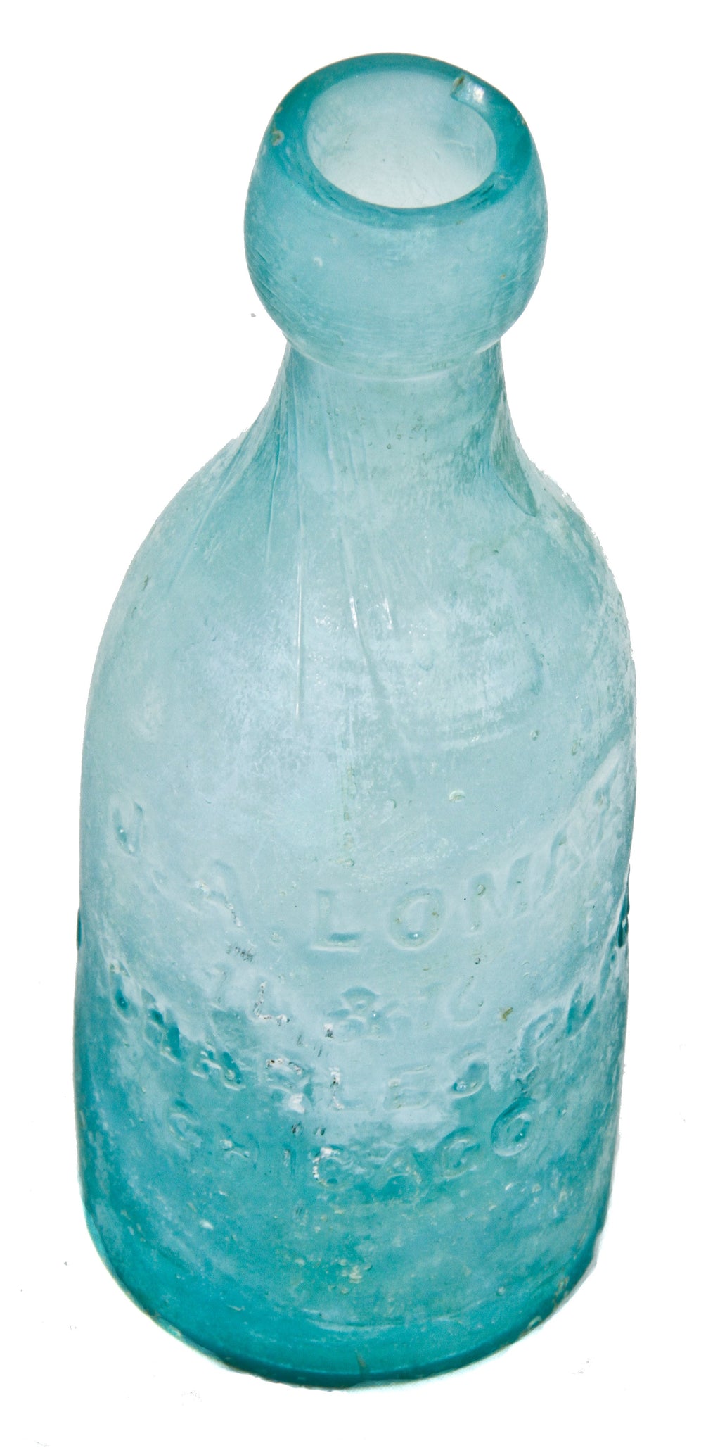 original c.1870-1872 privy dug aqua blobtop soda bottle manufactured for chicago bottler j.a. lomax.