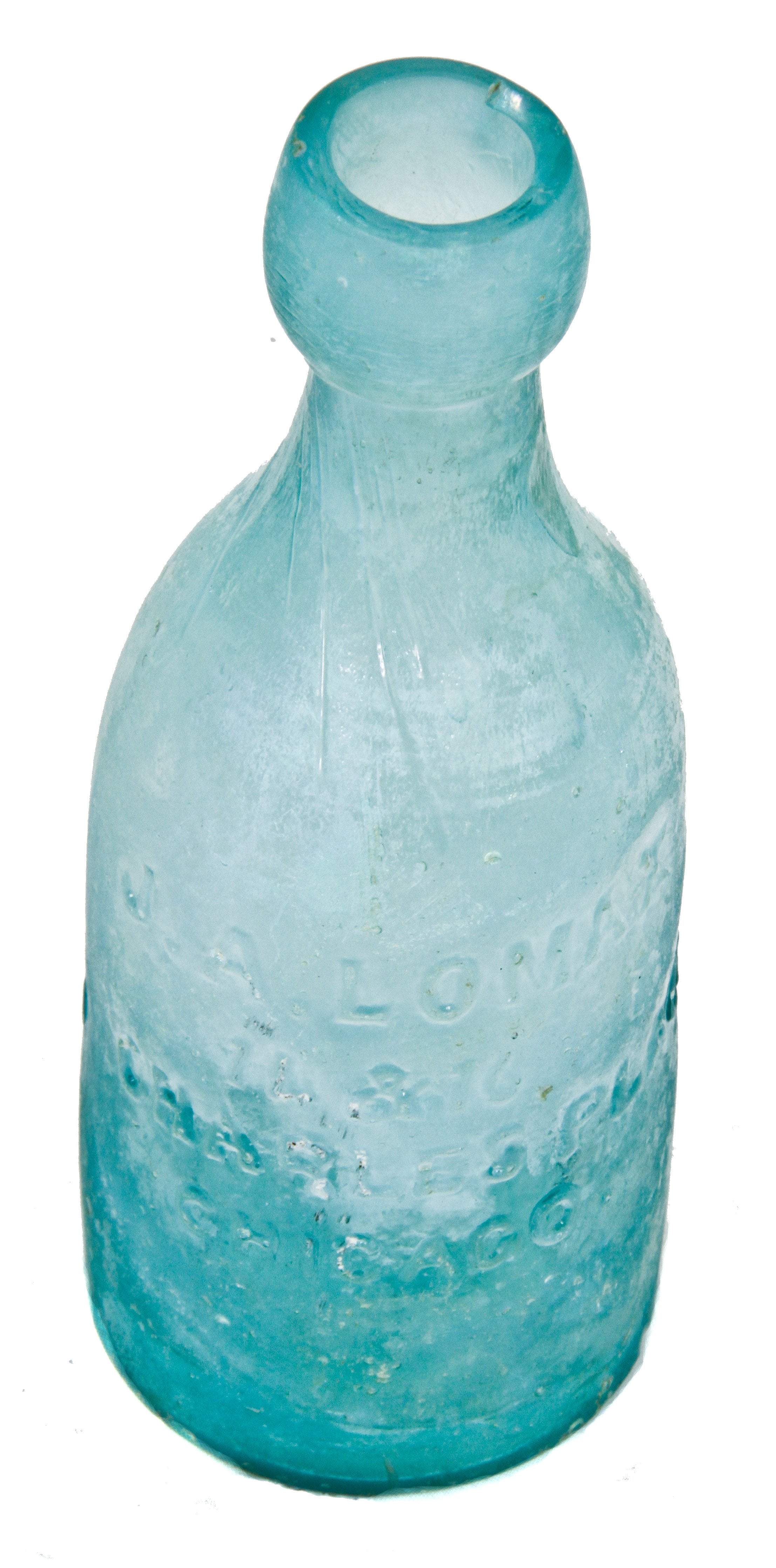 original c.1870-1872 privy dug aqua blobtop soda bottle manufactured for chicago bottler j.a. lomax.