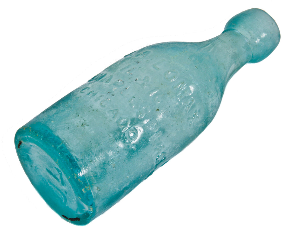original c.1870-1872 privy dug aqua blobtop soda bottle manufactured for chicago bottler j.a. lomax.