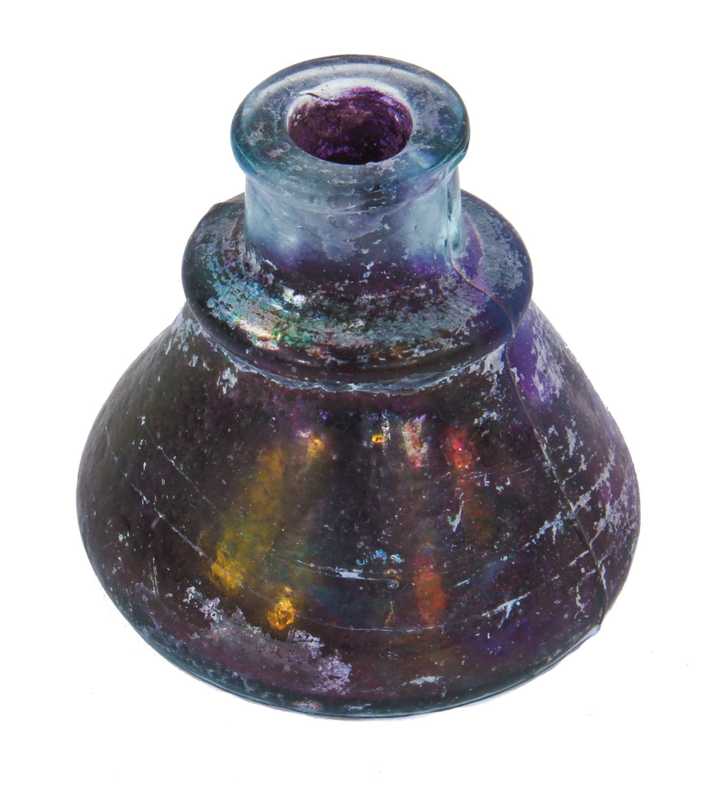 original and intact privy dug purple-tinted "cone" shaped glass inkwell salvaged from a chicago area demolition site
