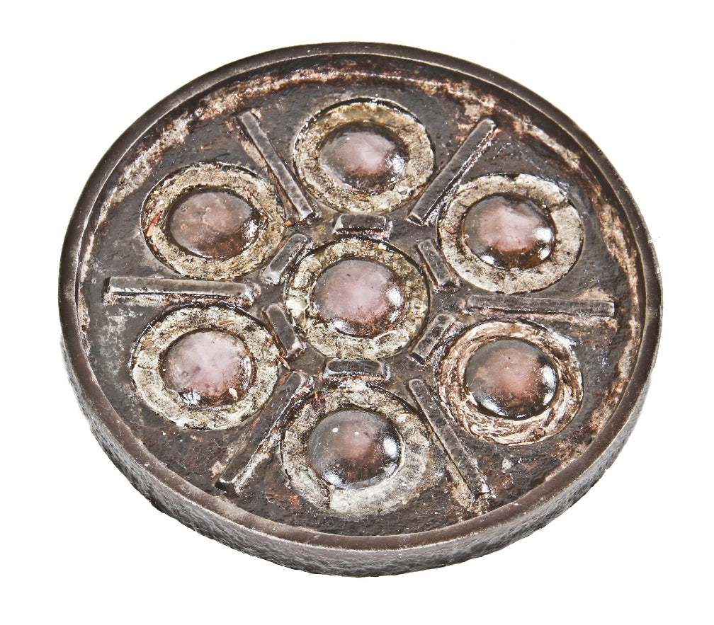 rare diminutive 19th century antique american industrial patented refinished cast iron city street utility access cover with intact sun-purple glass vault lenses