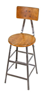 refinished original late 1940's american industrial riveted joint angled iron four-legged pollard brothers factory machine shop stool with maple seat and backrest