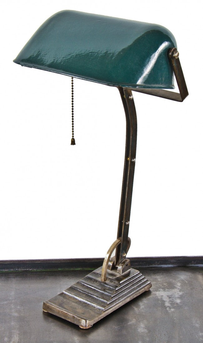 refinished cast iron antique american industrial c. 1920's green porcelain enameled "emeralite-esque" adjustable table or desk lamp rewired with rayon cloth cord