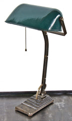 refinished cast iron antique american industrial c. 1920's green porcelain enameled "emeralite-esque" adjustable table or desk lamp rewired with rayon cloth cord