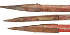 set of three identical depression era american industrial weathered and worn land surveying range poles with alternating white and red painted stripes