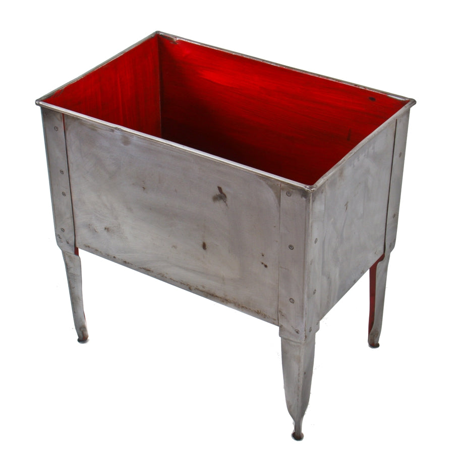 single refinished c. 1940's lightweight pressed and folded steel freestanding riveted joint factory machine shop spacious storage bin with red interior