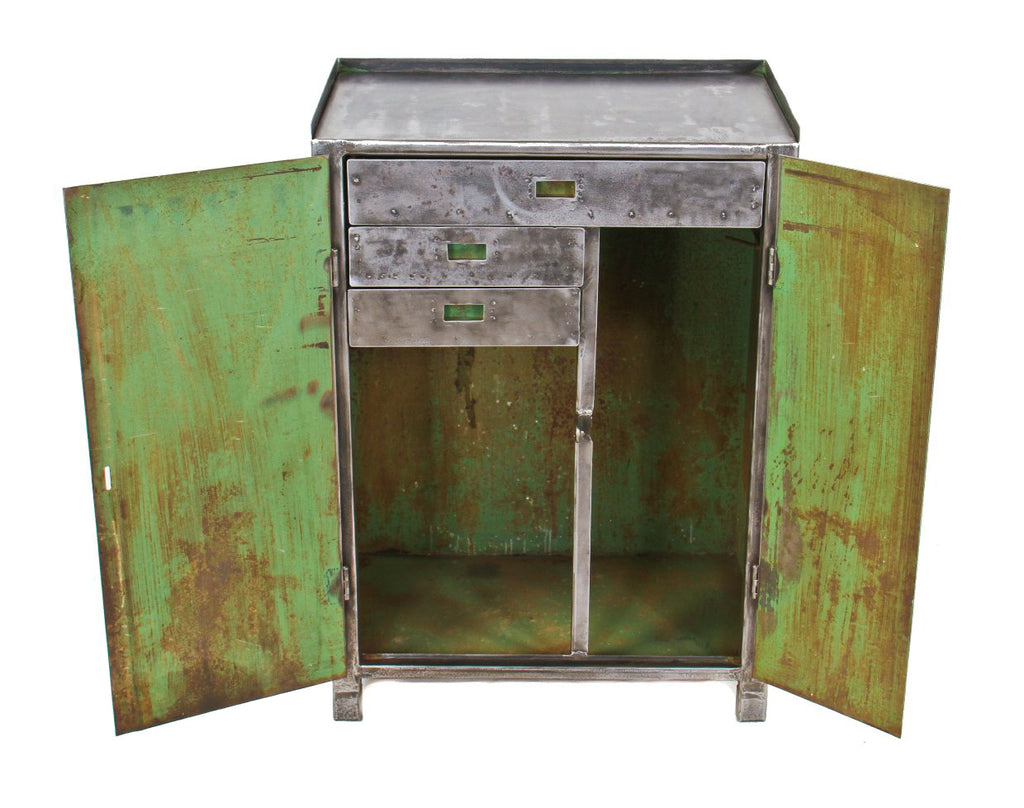 original american depression era heavily reinforced detroit automotive assembly plant all-welded brushed steel freestanding storage cabinet with hinged doors