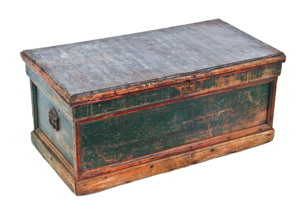 rare civil war-era original american industrial recessed panel oversized residential carpenter's tool chest with old crazed green paint and early sheet metal alteration
