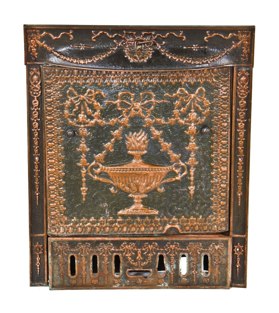 entirely original c. 1895-1905 antique american copper-plated ornamental stamped steel interior residential fireplace gas grille or insert with intact summer cover