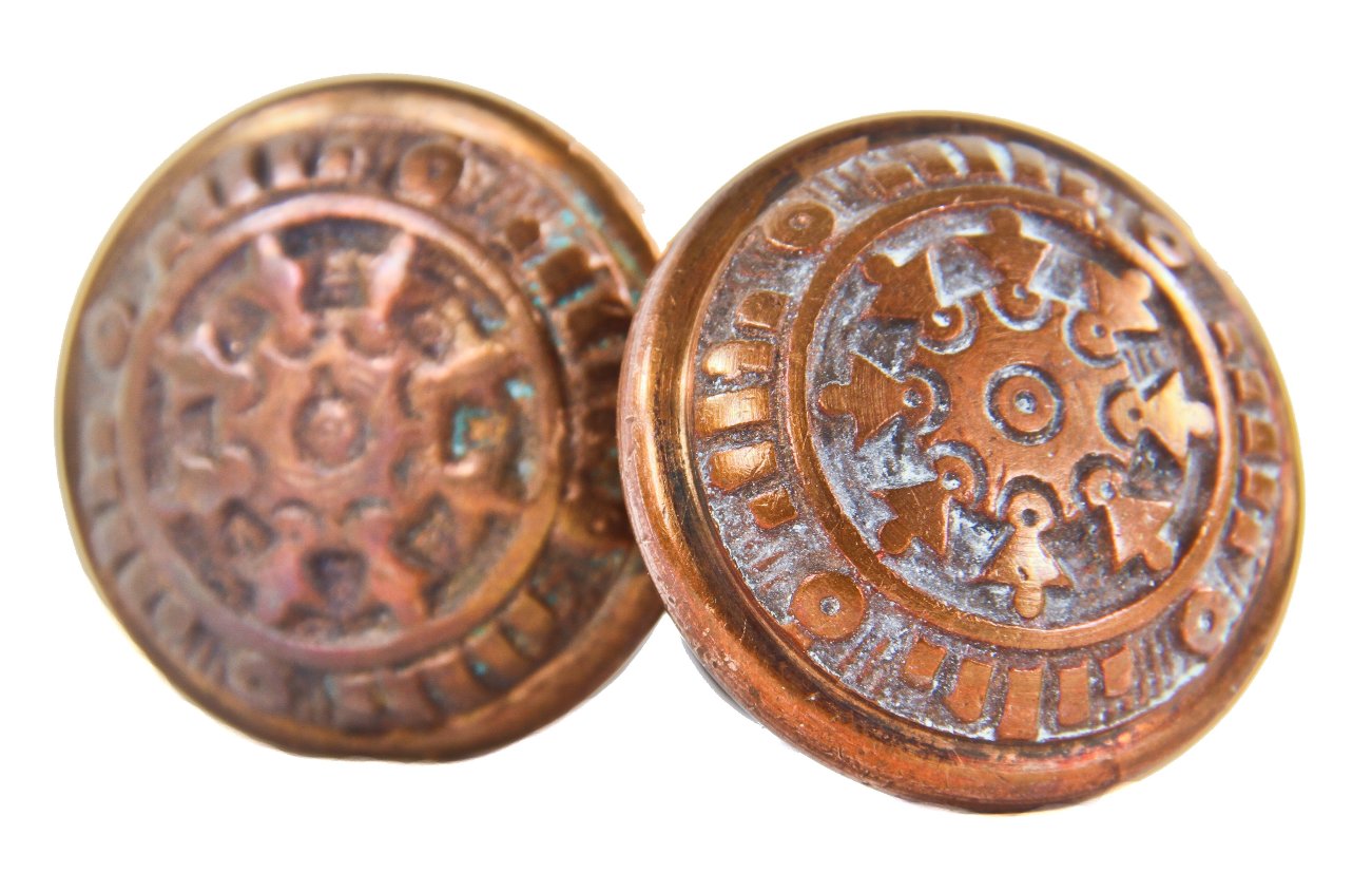 matching set of original cast brass eastlake style diminutive "windsor" pattern exterior screen door handles or knobs with mostly uniform surface patina