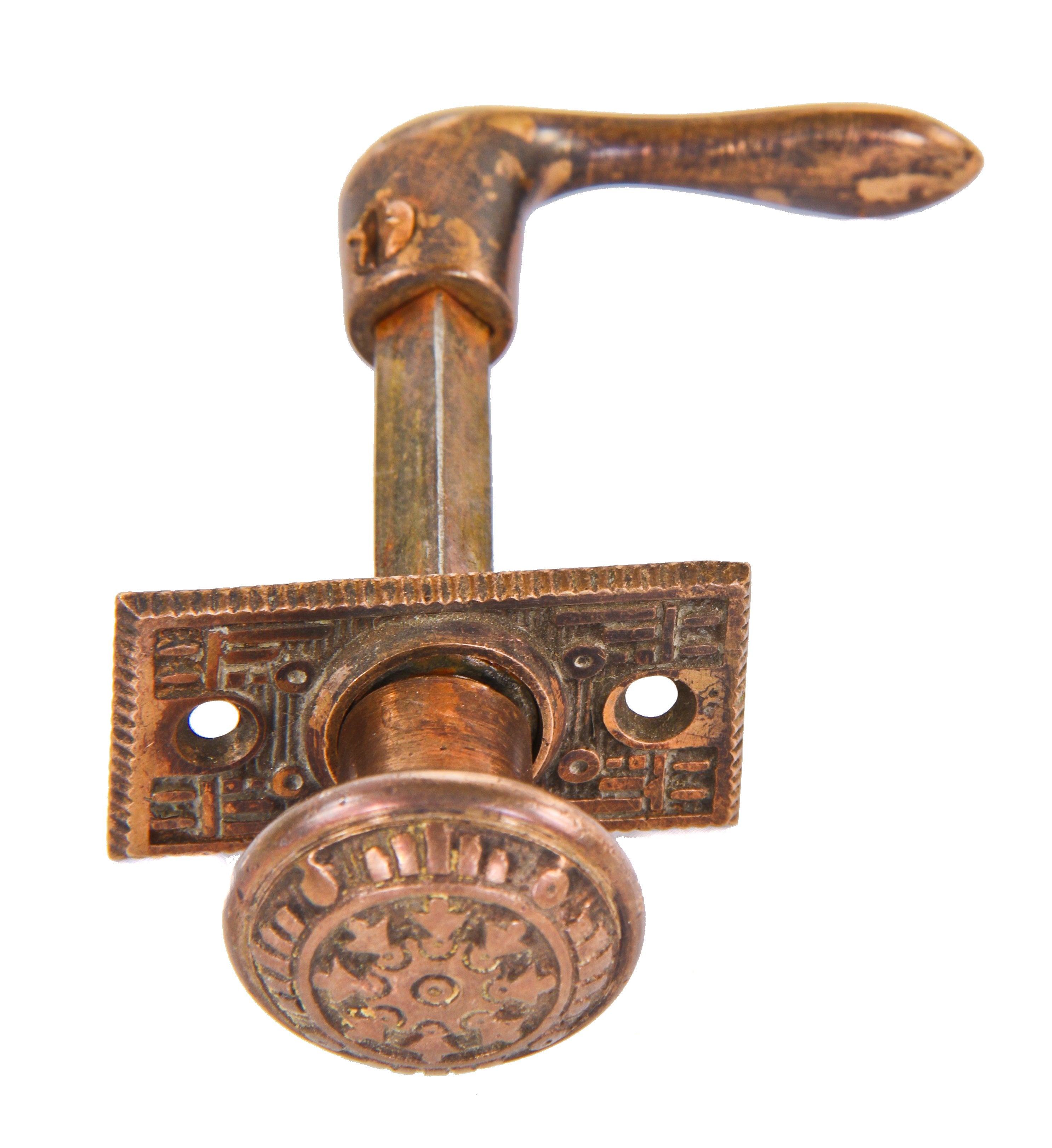 hard to find 19th century american eastlake style cast brass "windsor" pattern residential screen door ornamental doorknob set with matching backplate