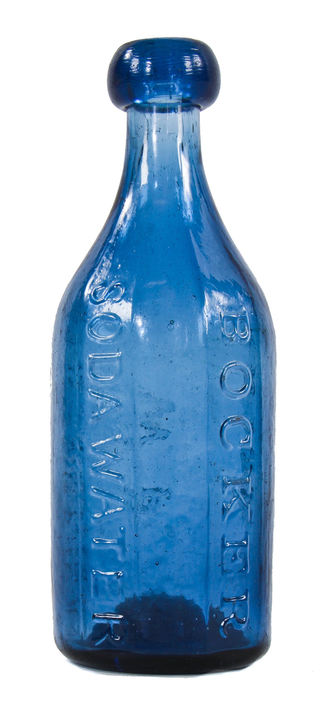 original c. 1849-60 dug cobalt blue iron-pontiled "knickerbocker" ten-sided new york city soda water glass bottle with oval-shaped blob lip