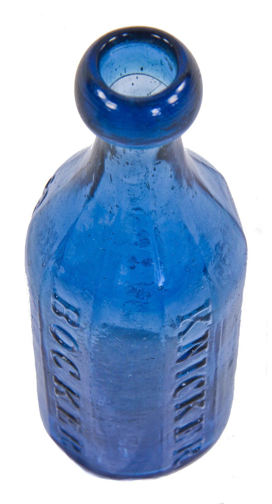 original c. 1849-60 dug cobalt blue iron-pontiled "knickerbocker" ten-sided new york city soda water glass bottle with oval-shaped blob lip