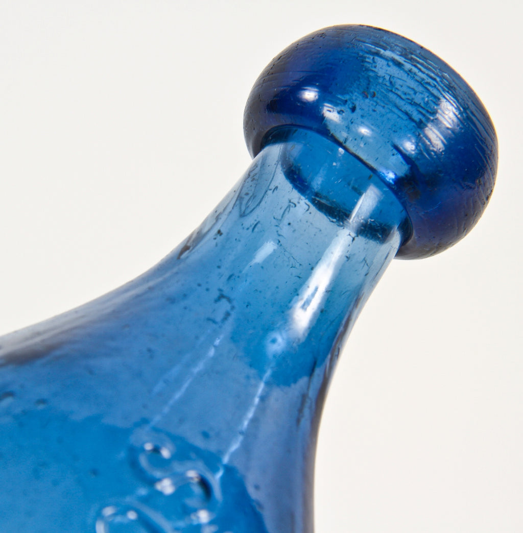 original c. 1849-60 dug cobalt blue iron-pontiled "knickerbocker" ten-sided new york city soda water glass bottle with oval-shaped blob lip