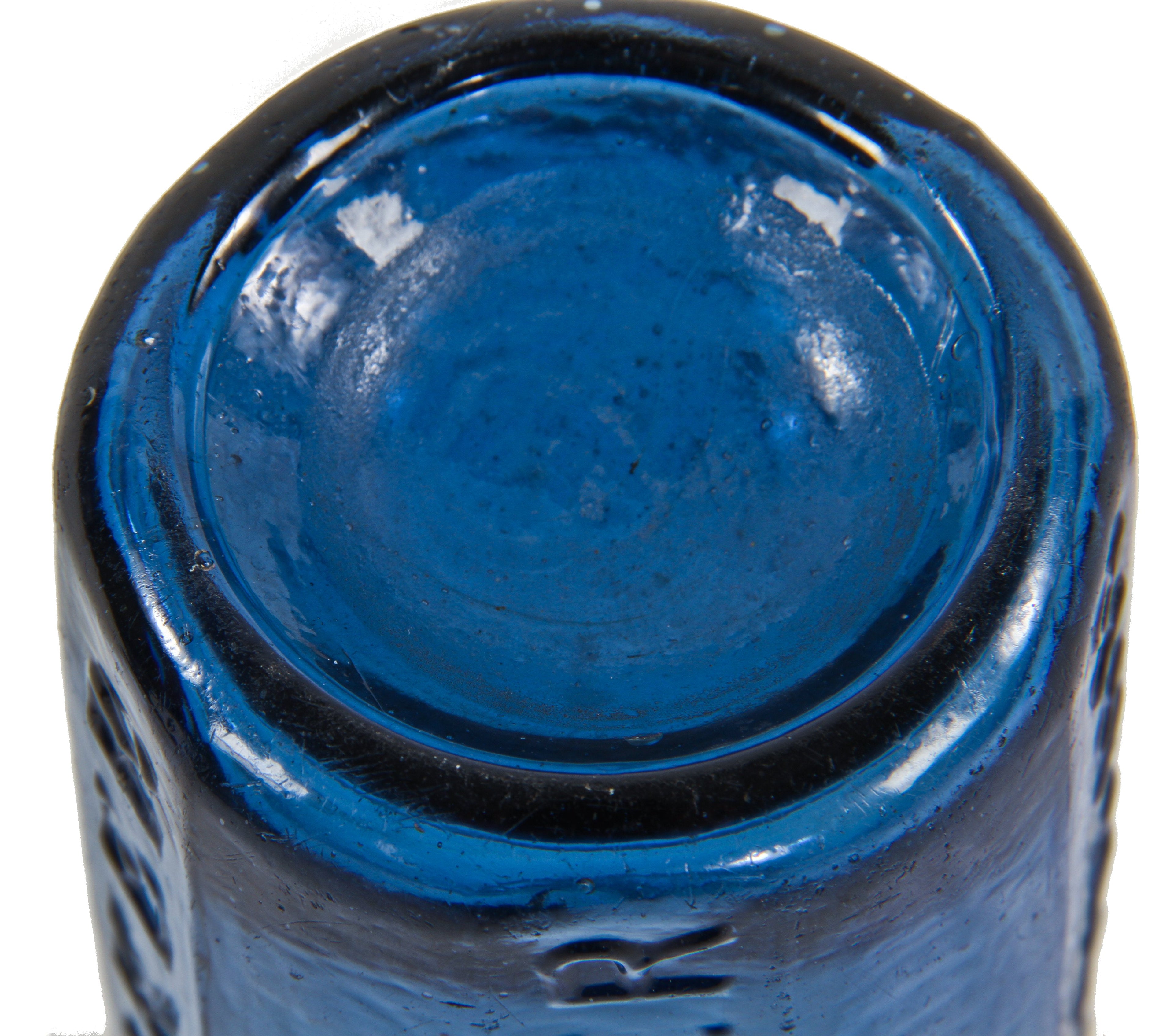 original c. 1849-60 dug cobalt blue iron-pontiled "knickerbocker" ten-sided new york city soda water glass bottle with oval-shaped blob lip