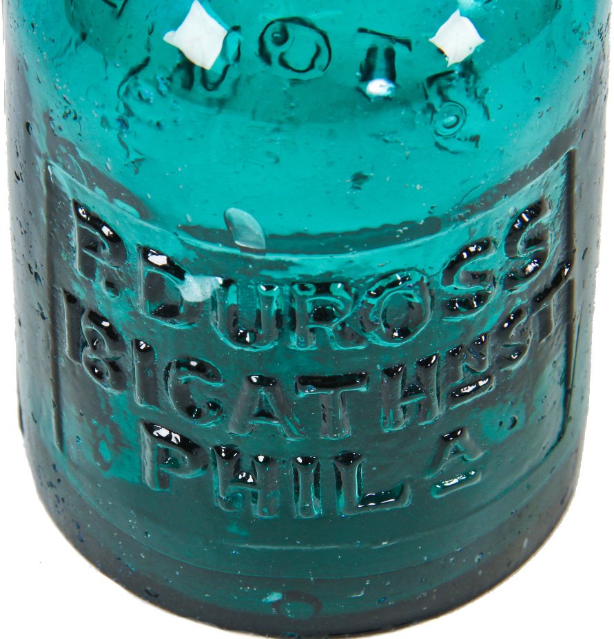 original c. 1855-65 brilliantly colored emerald green p. duross "brown stout" squat bottle with distinctive crudity and applied slopping collar with single ring
