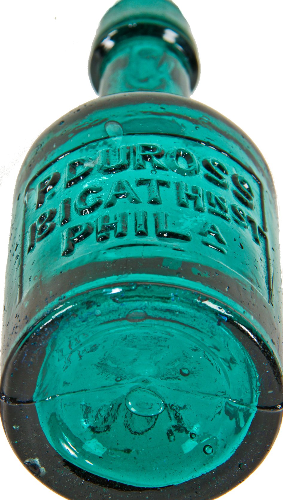 original c. 1855-65 brilliantly colored emerald green p. duross "brown stout" squat bottle with distinctive crudity and applied slopping collar with single ring