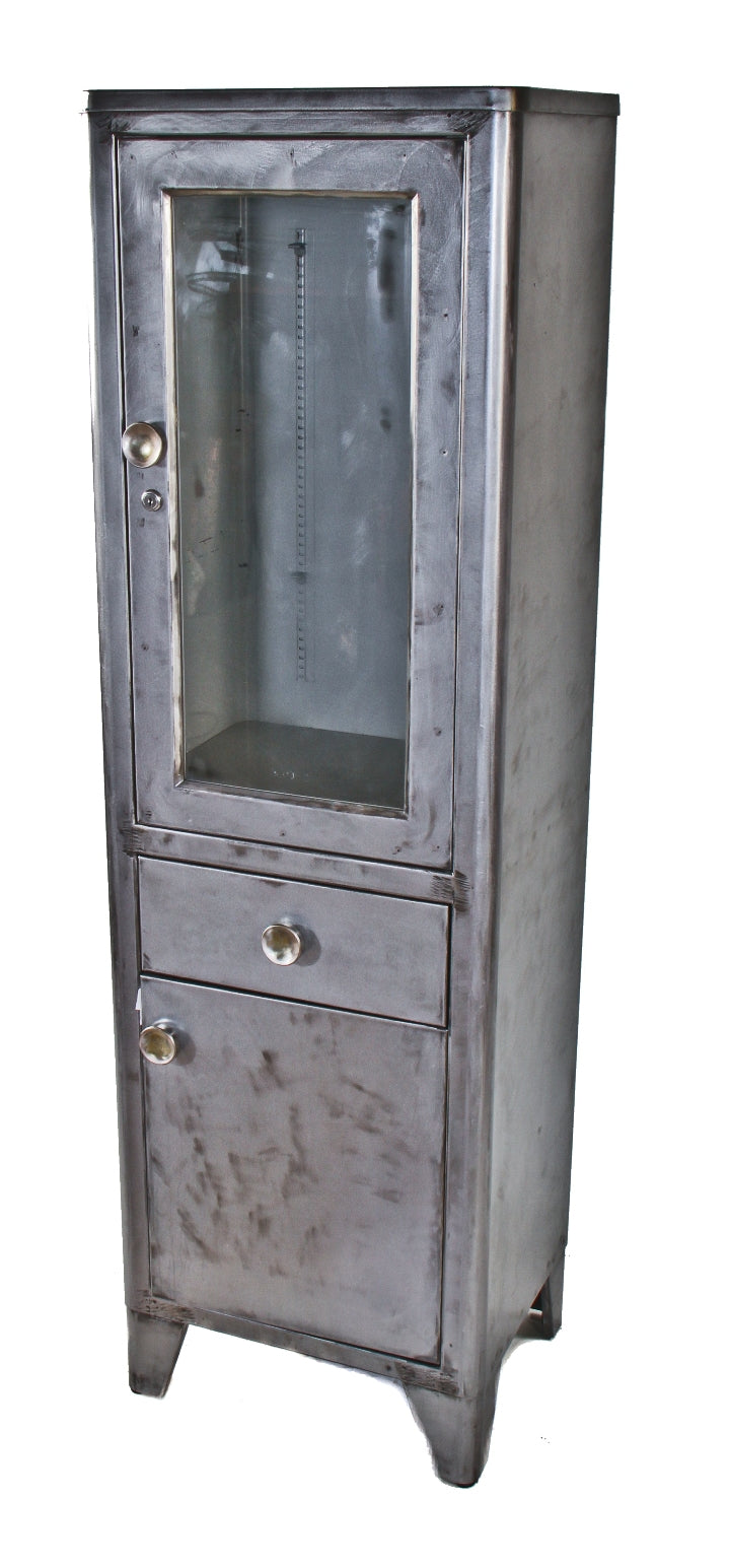 all original and intact c. 1940's streamlined style pressed and folded freestanding hospital examination room medical cabinet with lockable glass cabinet door
