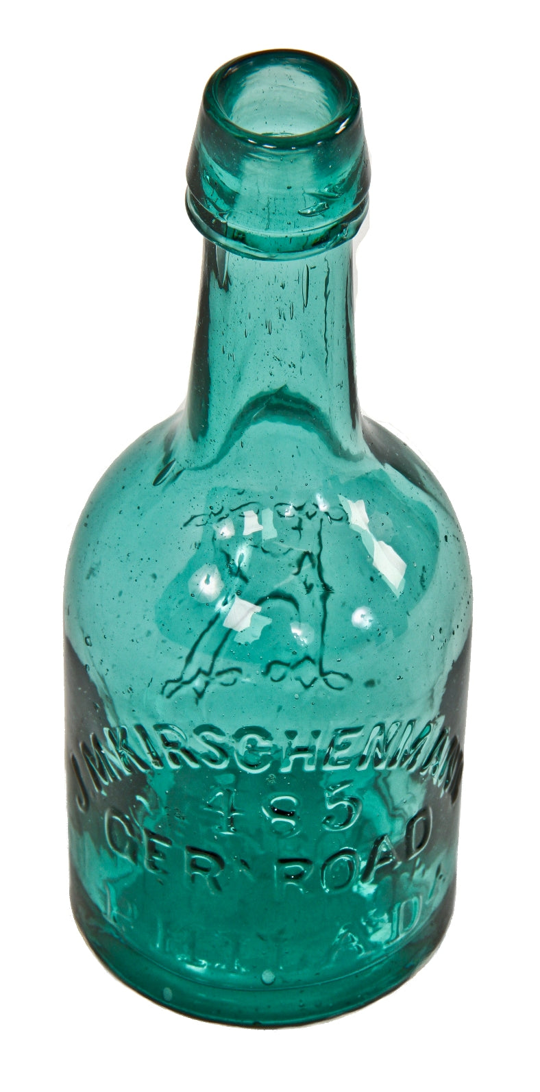 original pre-civil war era emerald green squat antique american privy dug kirschenmann porter bottle with long neck and applied slightly tapered lip and/or collar