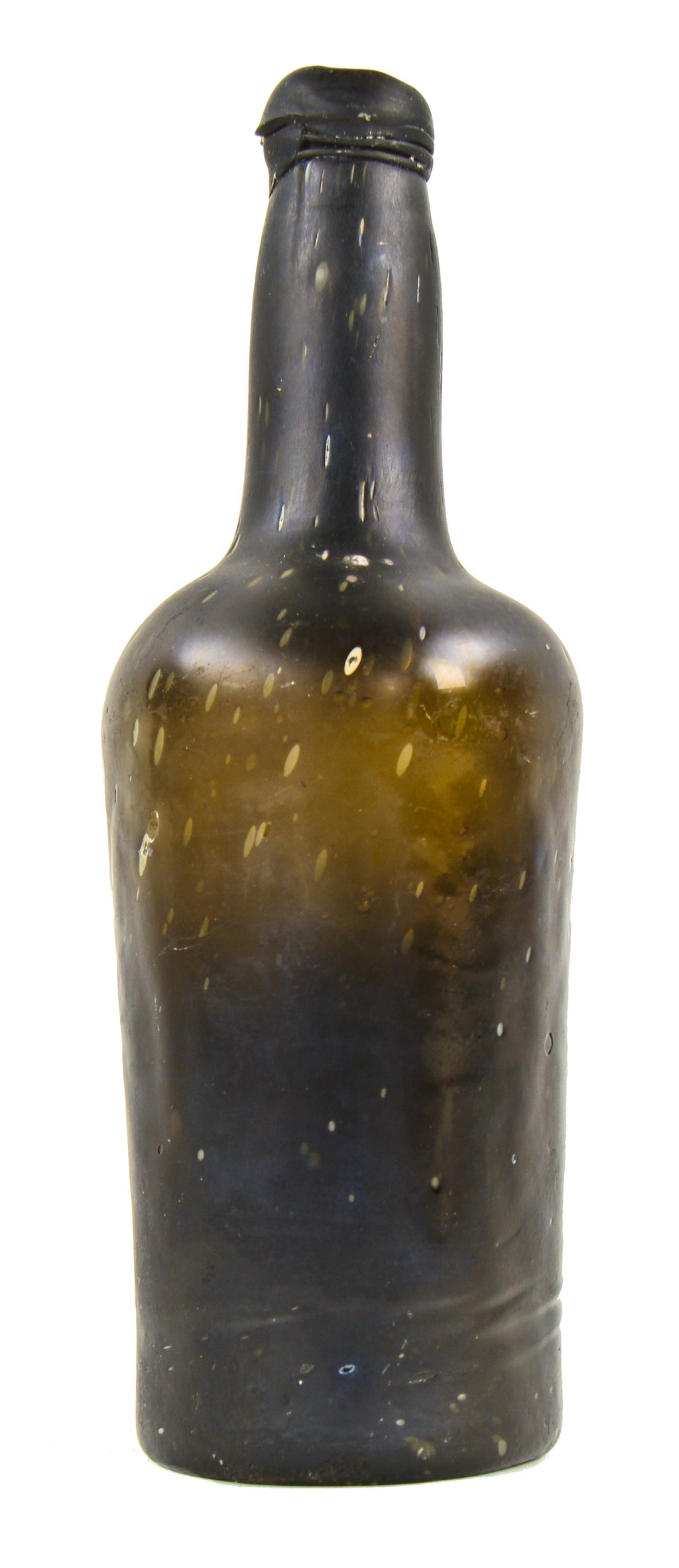 exceptionally rare and crude early nineteenth century black glass early style ale or lager bottle manufactured for unknown bottler.